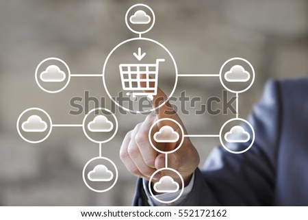 Businessman pressing button shop online shopping cart network cloud.