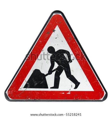 Road works sign for construction works in street - isolated over white background
