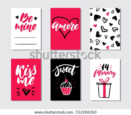 Valentines day gift card vector set. Hand drawn printable templates with lettering, texture, love quotes. Modern style black, white, pink holiday label. Cute romantic sticker, tag with doodle drawing