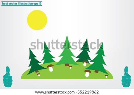 forest glade, spruce, mushrooms and sun icon vector illustration eps10. Isolated badge for website or app - stock infographics