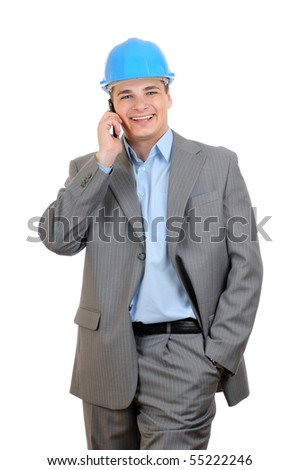 Happy businessman talking with cell phone isolated on white background