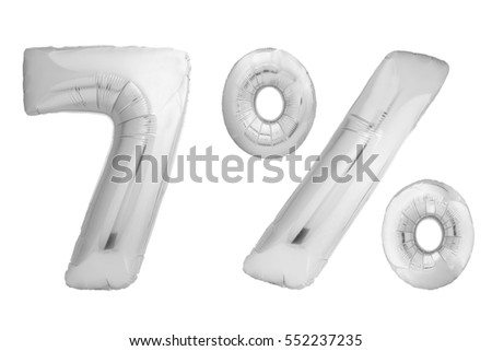 Chrome silver seven 7 percent made of inflatable balloons isolated on white background. One of full percentage set