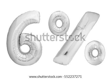 Chrome silver six 6 percent made of inflatable balloons isolated on white background. One of full percentage set