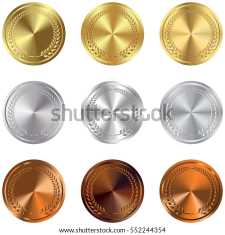 Set of gold, silver and bronze Award medals on white. Vector gold, silver and bronze award medals set isolated on white background. The first, second, third prizes. Royalty-Free Stock Photo #552244354