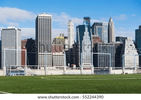 Soccer fields and Lower Manhattan skyline, New York City, USA