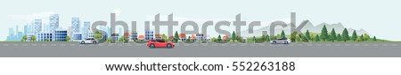 Flat vector cartoon style illustration urban landscape street with cars, skyline city office buildings, family houses in small town and mountain with green trees in background. Traffic on the road.  Royalty-Free Stock Photo #552263188