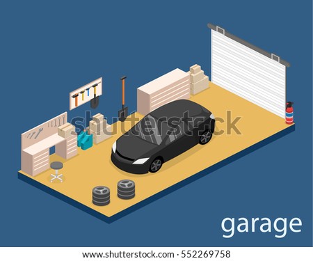 Isometric flat 3D isolated concept vector cutaway interior working place with tools in garage.