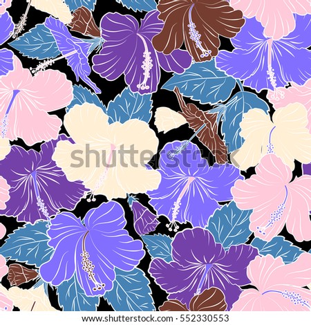 Hibiscus flowers in brown and violet colors. Watercolor painting effect, illustration of a hibiscus flower, blossom with multicolored leaves isolated hand drawn on black background.