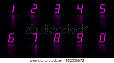 Set of numbers. Seven-segment LED. Purple