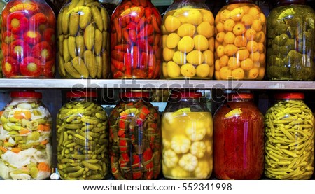 Traditional Turkish pickles of various fruits and vegetables Royalty-Free Stock Photo #552341998