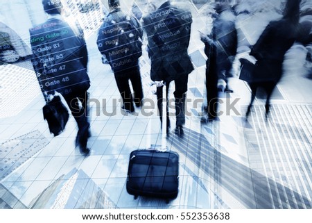 traveling business people conceptual picture, composite with destination board and skyscraper
