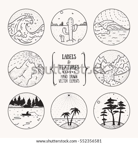 Wild nature landscape, outdoor recreation, hiking activity labels. Artistic collection of hand drawn design elements, inked textures and patterns. Poster, banner, flyer decor, apparel, t-shirt print.