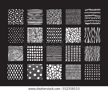 Hand drawn textures and brushes. Big artistic collection of design elements: rough graphic patterns, ethnic ornaments, abstract lines, tribal symbols made with ink. Isolated vector set.