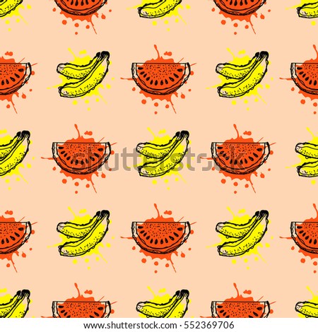 Seamless vector pattern. Hand drawn fruits illustration of banana and watermelon with splash and drop, on the pink background. Line drawing, Series of fruits vector seamless Patterns