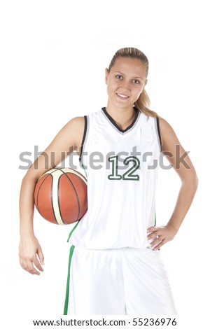 Smiling female basketball player holding ball, isolated on white background