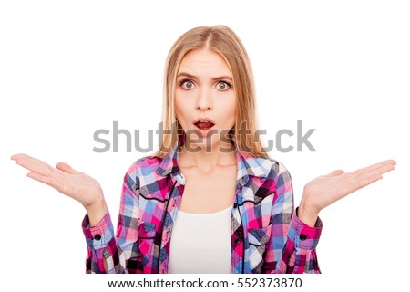 Shocked woman with open mouth gesturing with hands