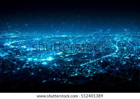 abstract line connection on night city background Royalty-Free Stock Photo #552401389