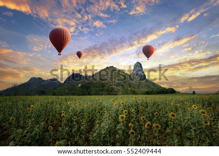 Balloons flying over sunflower field in sunset scenery mountain in back ground