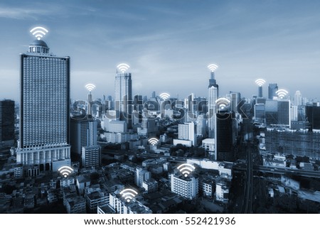 Wifi icon and Bangkok city with network connection concept, Bangkok smart city and wireless communication network, abstract image visual, internet of things