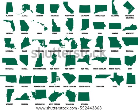 USA State Maps Vector Silhouettes Isolated on White set of 50 states and DC Royalty-Free Stock Photo #552443863
