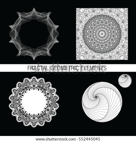 Fractal geometric objects. Generated patterns from intersecting thin lines. Simple graphic black and white color. Vector illustration