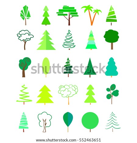 Green trees and christmas trees. Set  for icons on isolated background. Geometric art. Universal templates collection for trendy design