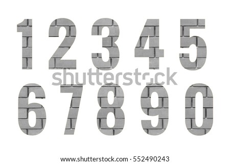 Grey brick wall numbers set isolated on white background. Abstract collection. Design - element