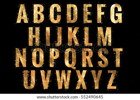 Abc Golden Alphabet letters isolated on black background. Design - element. Bokeh or glitter lights Royalty-Free Stock Photo #552490645