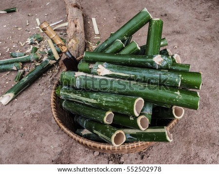 The bamboos tube have already cut that be used for cooking glutinous rice roasted in bamboo joints. Picture from Thailand country.