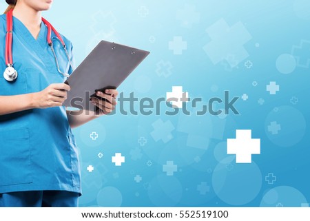 Female medical doctor suit holding a patient form with blue hospital icon background.