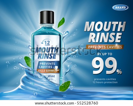 Mouth rinse ads, refreshing mouthwash product with splashing aqua elements and mint leaves in 3d illustration, blue background