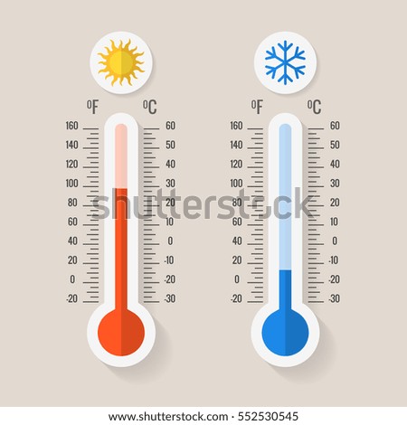 Celsius and fahrenheit meteorology thermometers measuring heat and cold, vector illustration. Thermometer equipment showing hot or cold weather. Royalty-Free Stock Photo #552530545