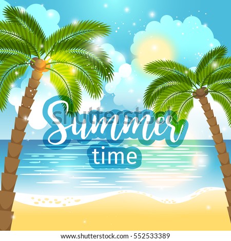 Summer time sea view background. Ocean and palm trees seaside blue design. Vector illustration.