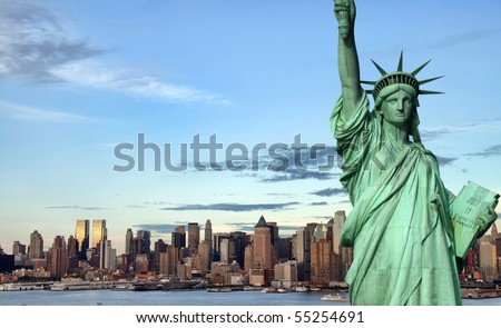 statue of liberty new york city skyline over the hudson river. nyc cityscape skyline midtown new york Manhattan landmark. 