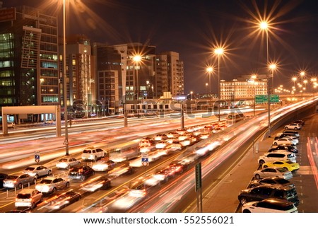 Heavy traffic in Dubai-Sharjah road, Al Ittihad road in rush hour, Dubai, United Arab Emirates