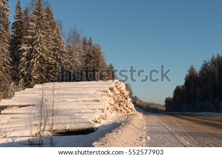 Snow-covered road on a winter day. Travel north Russia. Snow-covered road. Logging roads. The logs covered with snow on the roadside. Frosty sunny day.