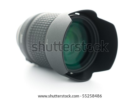 photo zoom lens isolated on white, shallow depth of field, focus on lens hood
