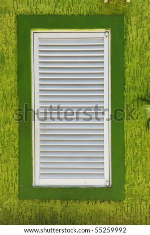 Window over bright green textured wall in Cozumel Mexico