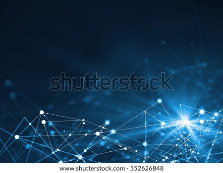 Abstract connected dots on bright blue background. Technology concept Royalty-Free Stock Photo #552626848