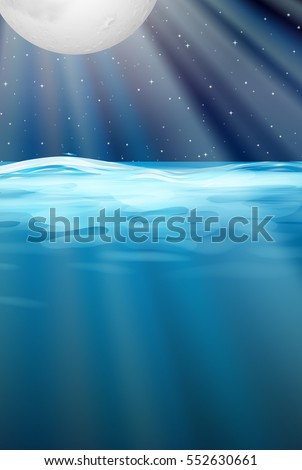 Ocean scene with fullmoon above the water illustration