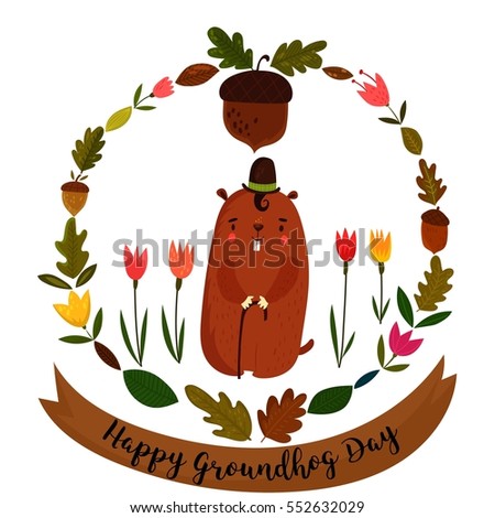 Happy Groundhog Day design with cute groundhog- stock vector

