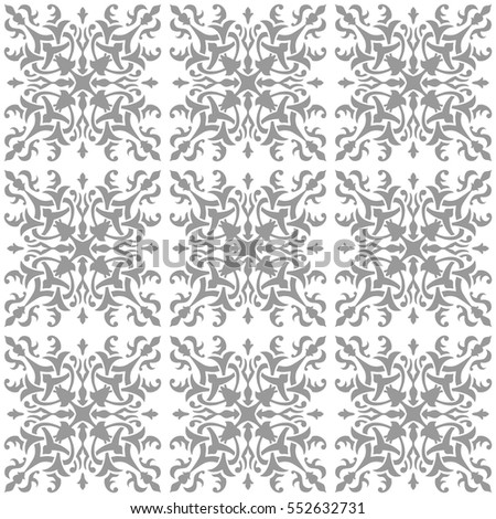 Geometric Islamic Tile Pattern Arabesque, template, stencil, grey and white, squares, patchwork.