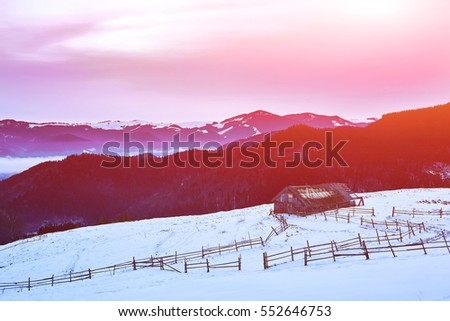 Beautiful view of the blue winter mountains and hills in Carpathians on the sunrise