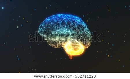 Digital computer brain 3D render floating in profile view with numerical information background illustrating the concepts of Big Data and artificial intelligence