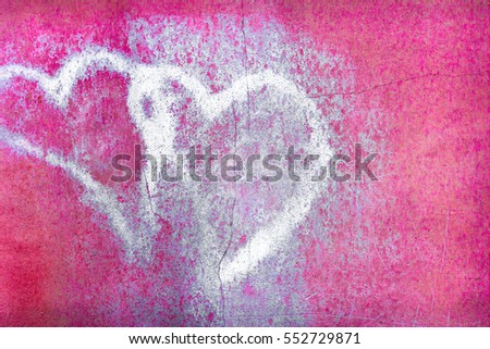 Grungy pair of faded hearts. Pink wall background. For your flyers, greetings card and more.