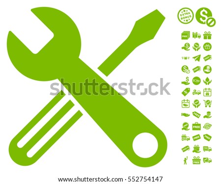 Tools icon with free bonus pictures. Vector illustration style is flat iconic symbols, eco green color, white background.