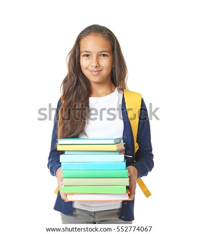Cute schoolgirl with books on white background