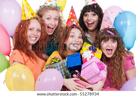 portrait of joyful women with gifts and balloons. isolated on white background