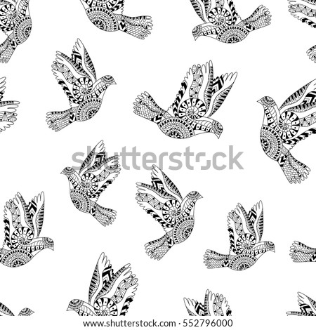 Hand drawn flying doves for adult anti stress colouring page. Seamless pattern. Ornamental background for Peace Day. Illustration in zentangle style. Monochrome variant. 