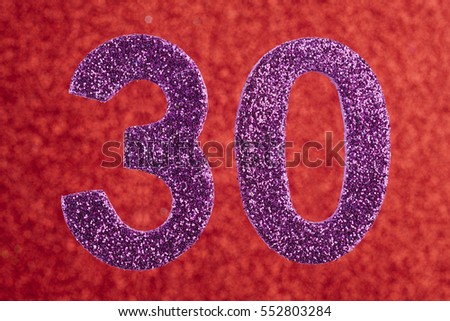 Number thirty purple color over a red background. Anniversary. Horizontal